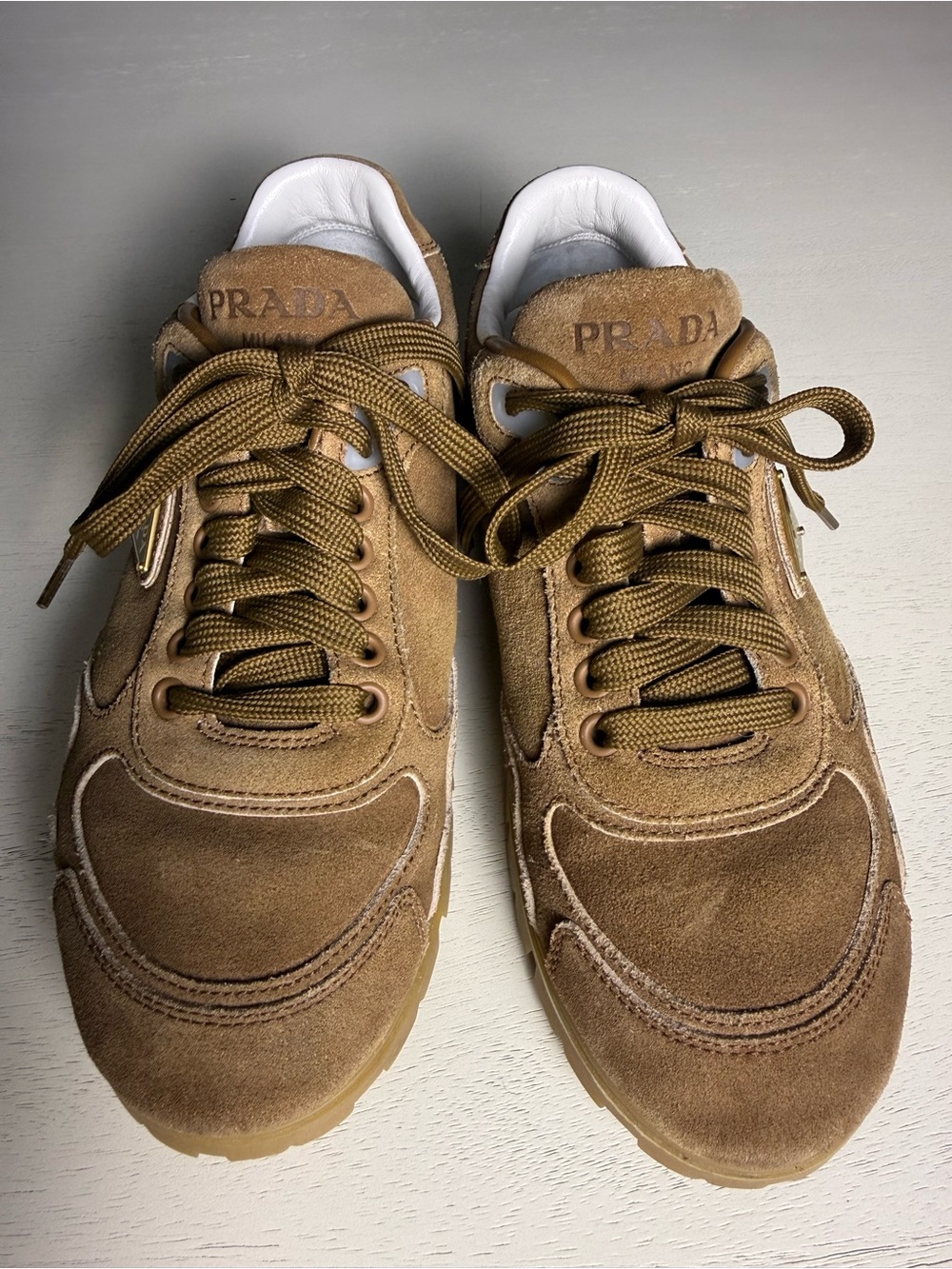Prada Woman’s Suede Sneakers in Brown with Gold Logo - Picture 5 of 6